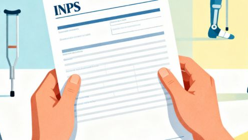Mani che mostrano un verbale INPS su uno sfondo con simboli di ausili ortopedici e dispositivi per disabili.