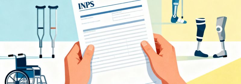 Mani che mostrano un verbale INPS su uno sfondo con simboli di ausili ortopedici e dispositivi per disabili.